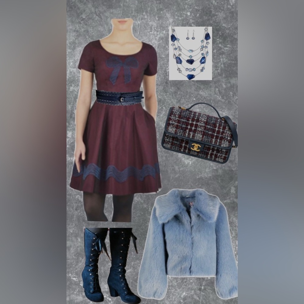 Elegant bow embellished tulle goth doll burgundy and navy dress 8P medium petite